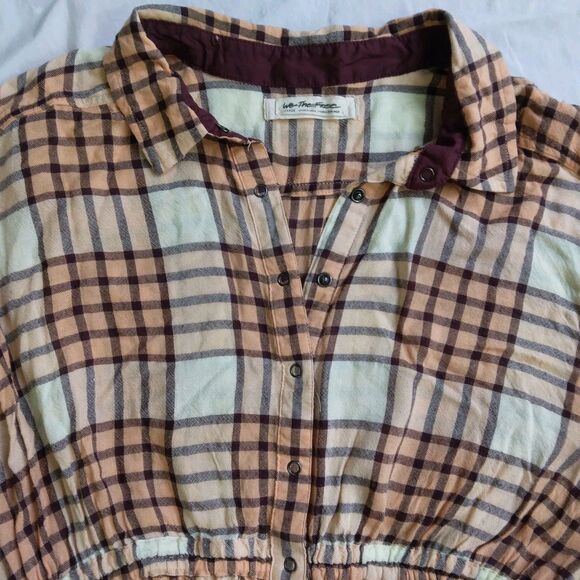 We The Free Pacific Dawn Peach Brown Plaid Button Down Top Boho Women's Shirt L - Picture 6 of 12